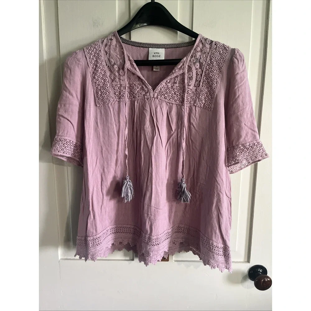 Knox Rose Crinkle Gauze Top Size Small Purple Lilac Lace Tassels Boho Hippie - Picture 2 of 12